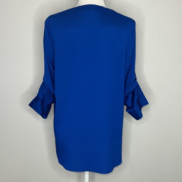 CALVIN KLEIN Cobalt / Royal Blue Faux Wrap
Silver Zipper Accents Chiffon Blouse - Picture 3 of 7
